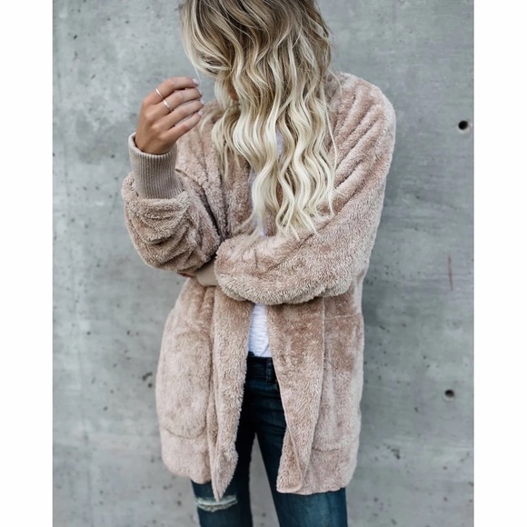 Tan Super Soft Cozy Pocket Hood Sherpa Lightweight Fleece Teddy Cardigan Coat - Picture 2 of 11